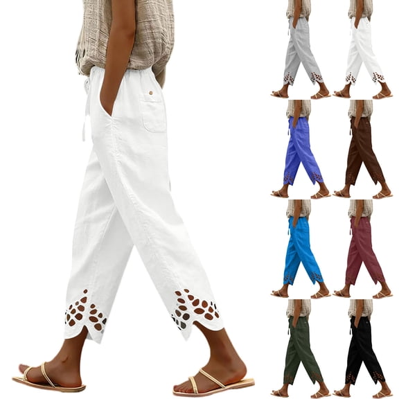 Axiiglly Women's Capris Pants Casual Loose High Waist Cropped Pants with Pockets Solid Color Holiday Outdoor Trousers S-3XL