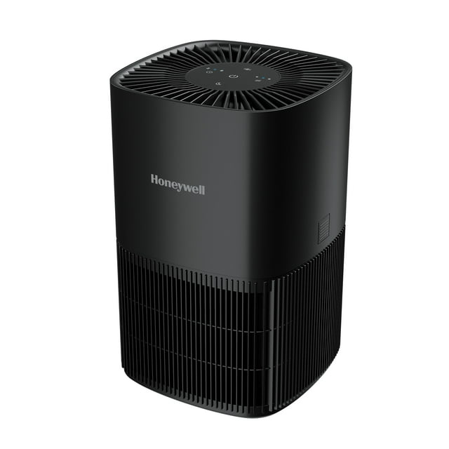 Honeywell black tabletop HEPA air purifier HPA120BC with top controls and vertical vents for clean air filtration.