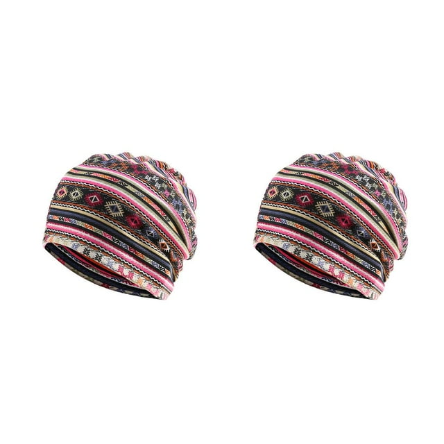 Transemion Bonnet Décontracté Musulman Hijab Imprimé Floral Turban Coloré Protection des Oreilles Ajustable Bonnet de Nuit pour Femmes Rayures Rose Rouge 2Set