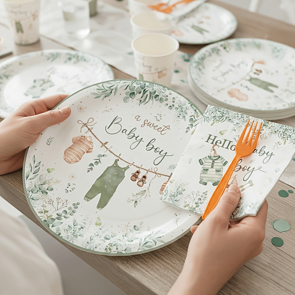 336pcs Complete Baptism & Christening Party Supplies - Disposable Dinnerware Set for 48 Guests with Green Sage Theme Plates, Cups, Napkins & Cutlery - All-in-One for Showers, Religious Celebrations