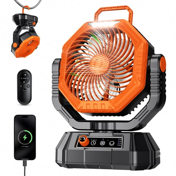 Ventilador de camping AJVV con doble motor, batería, luz LED de 20000 mAh