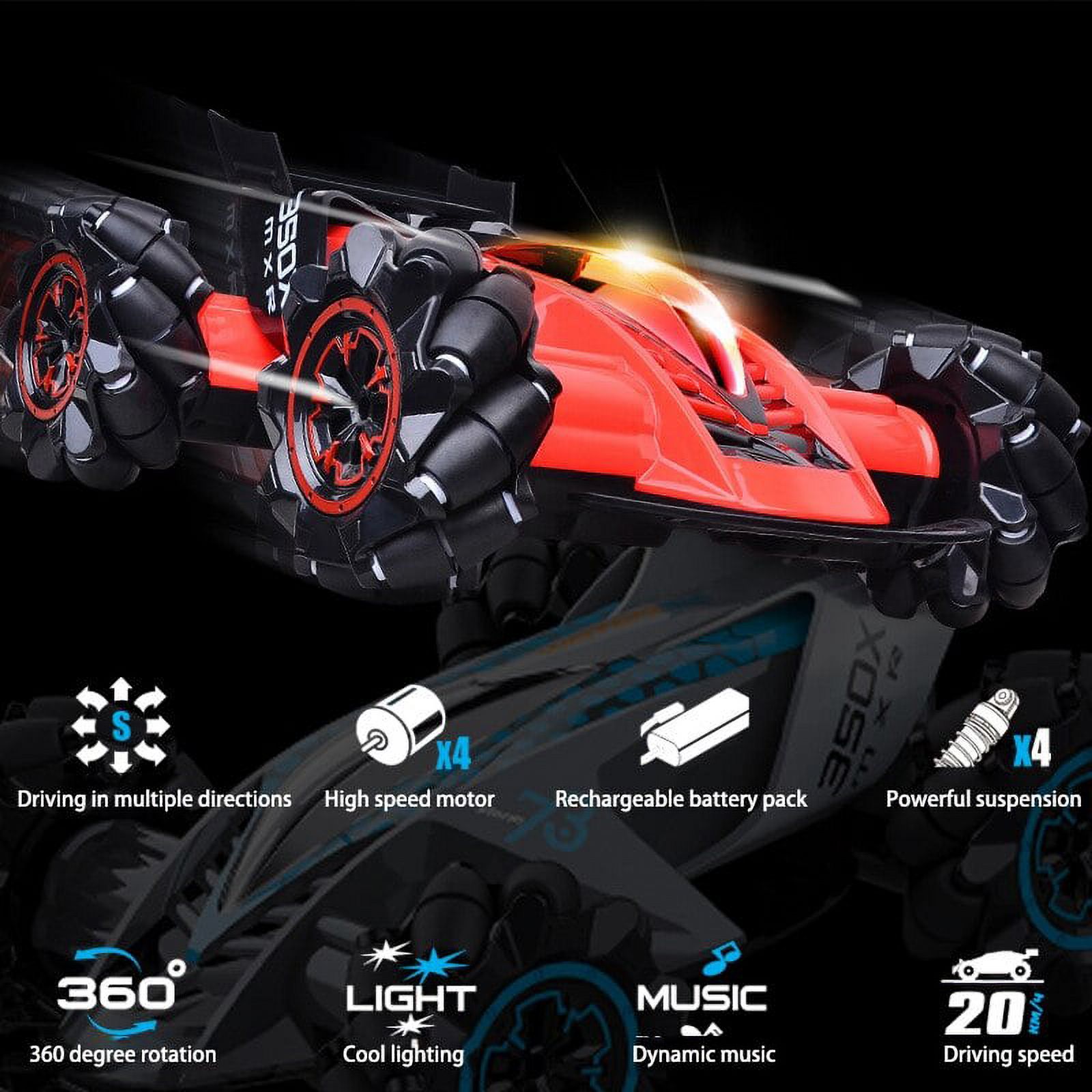 HILLO 2.4G RC Drift Stunt Car 4WD Multi-Direction LED High Speed Off-Road Vehicle With Tail Glowing Water Vapor Jet - Handle Remote Control And Watch Style Gravity Remote Control Included (Red) - image 2 of 10