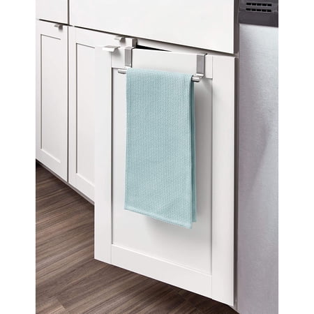 Modern Kitchen Over Cabinet Strong Steel Towel Bar Rack - Hang on Inside or Outside of Doors - Storage and Organization for Hand Dish Tea Towels - 9.75 Wide Silver