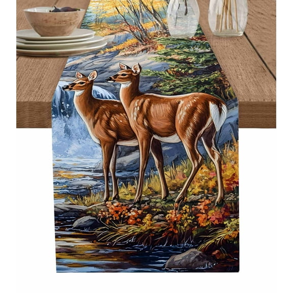 Autumn Deer Burlap Cotton Table Runner 13x70 Inches Long, Farmhouse Elk River Farmhouse Table Runners, Outdoor Dining Tablecloths Decor for Baby Shower/Party/Wedding