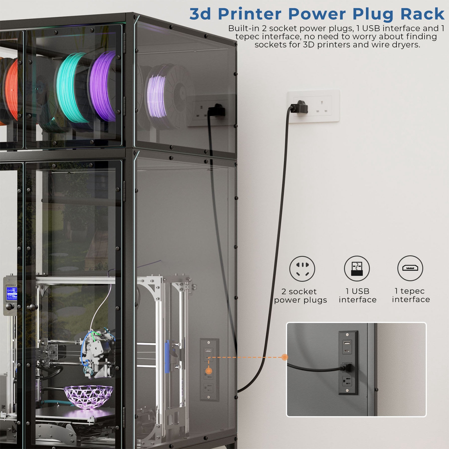 S-HOME Black 3D Printer Cabinet with Double Layer Filament Storage Rack and Noise-Reducing Design, for Studio and Office Use