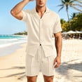 thumbnail image 2 of Bpyeka Men's Casual Two-Piece Set, Camp Collar Button-Down Shirt & Drawstring Shorts, Herringbone Jacquard Textured Co-Ord Outfit, S-2XL, 2 of 9