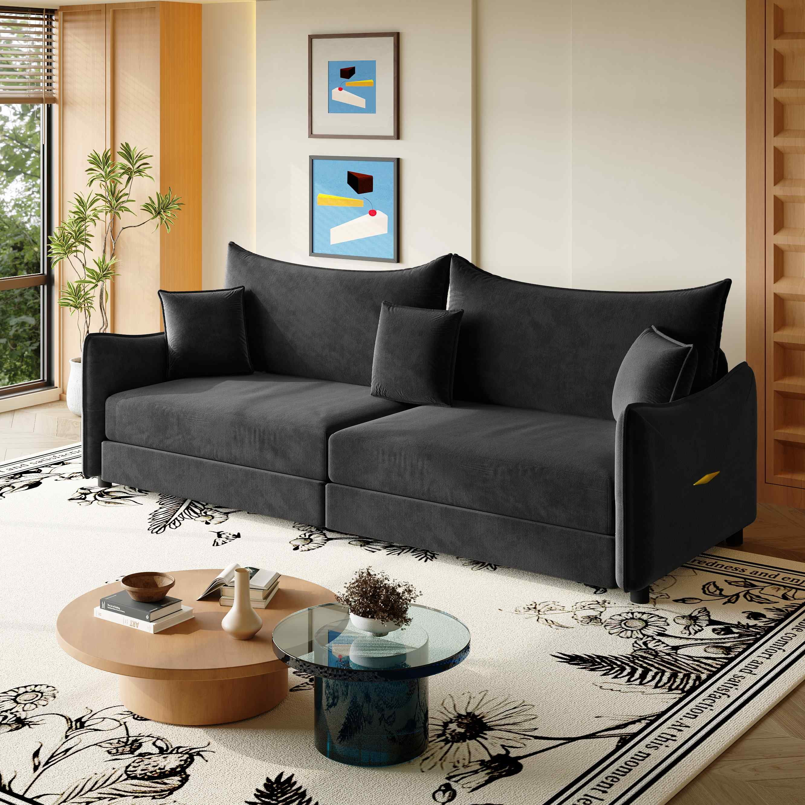 FFH 81.9" Sofa Bed King, 3 in 1 Convertible Sleeper Sofa, Pull Out Sofa Bed with 3 Pillows, Modern Velvet 3-Seater Couch for Living Room, Black
