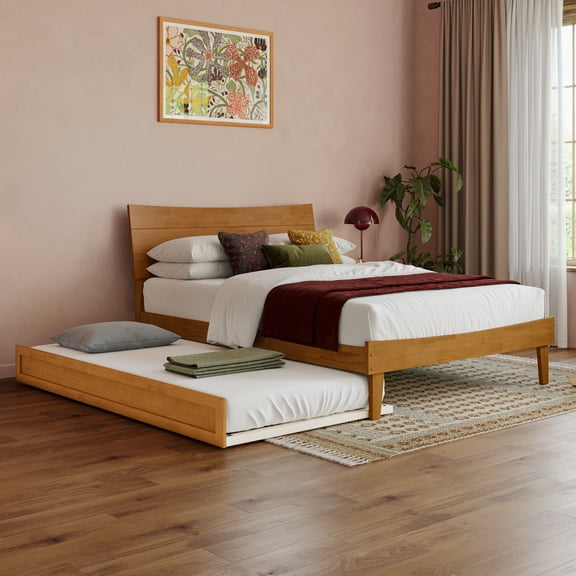Phoenix Full Wood Platform Bed with Twin Trundle in Light Toffee