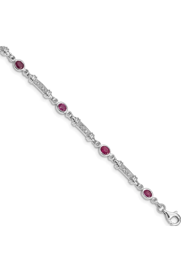 Sterling Silver Rhodium-Plated Composite Ruby And Diamond Bracelet (7 X 4) Made In Thailand qx855r