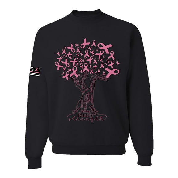 Wild Bobby US Flag Breast Cancer Awareness Pink Tree Words of Encouragement US Flag Breast Cancer Awareness Unisex Crewneck Sweatshirt, Black, Small