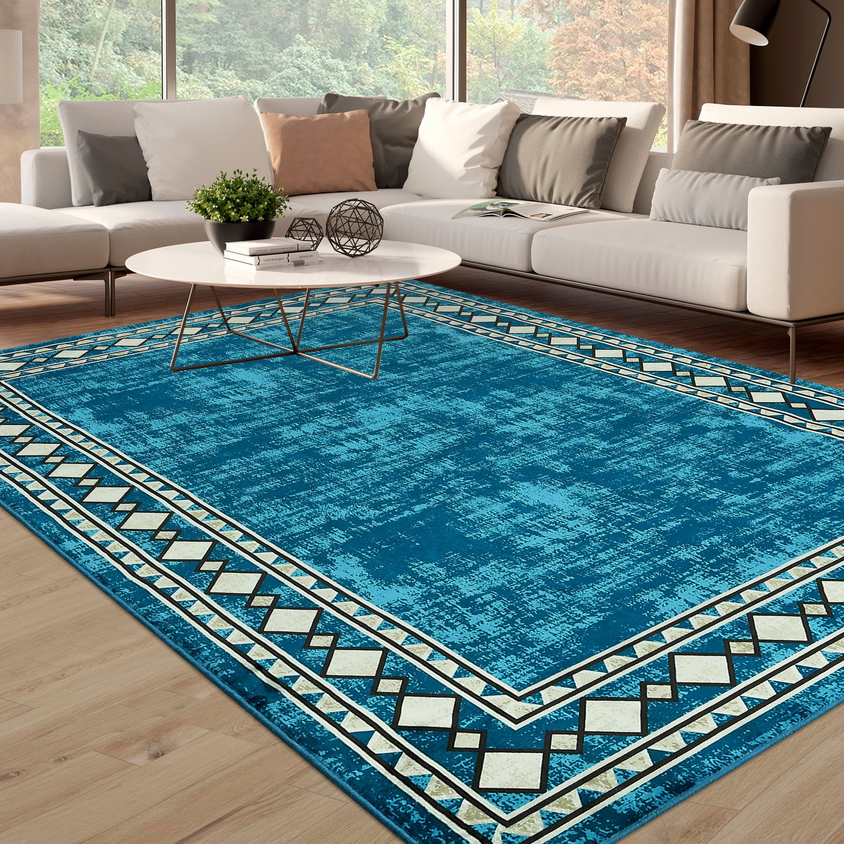 HOMERRY 10' x 13' Area Rug for Living Room Washable Bedroom Geometric Border Indoor Carpet, Teal
