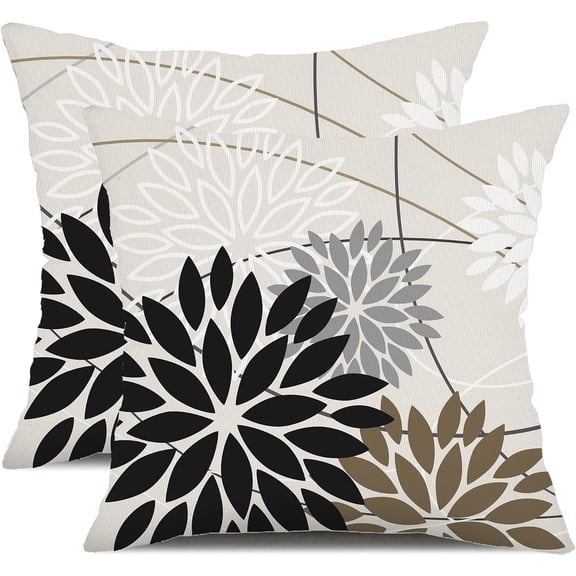 Black Brown Outdoor Pillow Covers 20x20 Inch Set of 2 White Gray Flower Throw Pillows Farmhouse Outdoor Modern Floral Polyester Square Cushion Case Decor for Living Room Sofa Patio Funiture Garden 01A