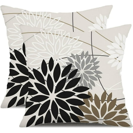 Black Brown Outdoor Pillow Covers 16×16 Inch Set of 2 White Gray Flower Throw Pillows Farmhouse Outdoor Modern Floral Polyester Square Cushion Case Decor for Living Room Sofa Patio Funiture Garden 01A