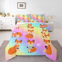 Homewish Cartoon Cute Fox Bedding Comforter Set for Teens, Kawaii Funny Animal Twin Comforter Sets, Bling Stars Print Reversible Bedding Set, Luxury Bedroom Decor, 2-Piece