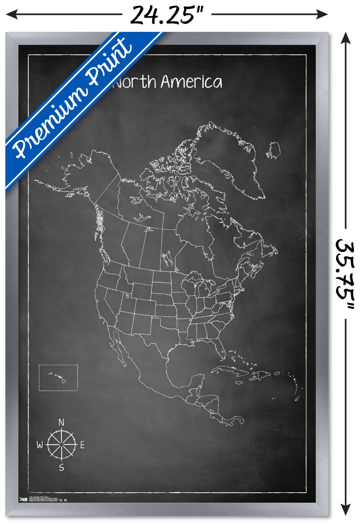 Chalk Map - North America Wall Poster, 22.375" x 34", Framed
