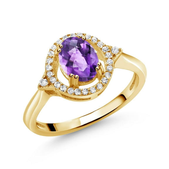 Gem Stone King 1.09 Ct Oval Checkerboard Purple Amethyst 18K Yellow Gold Plated Silver Ring (Size 7)