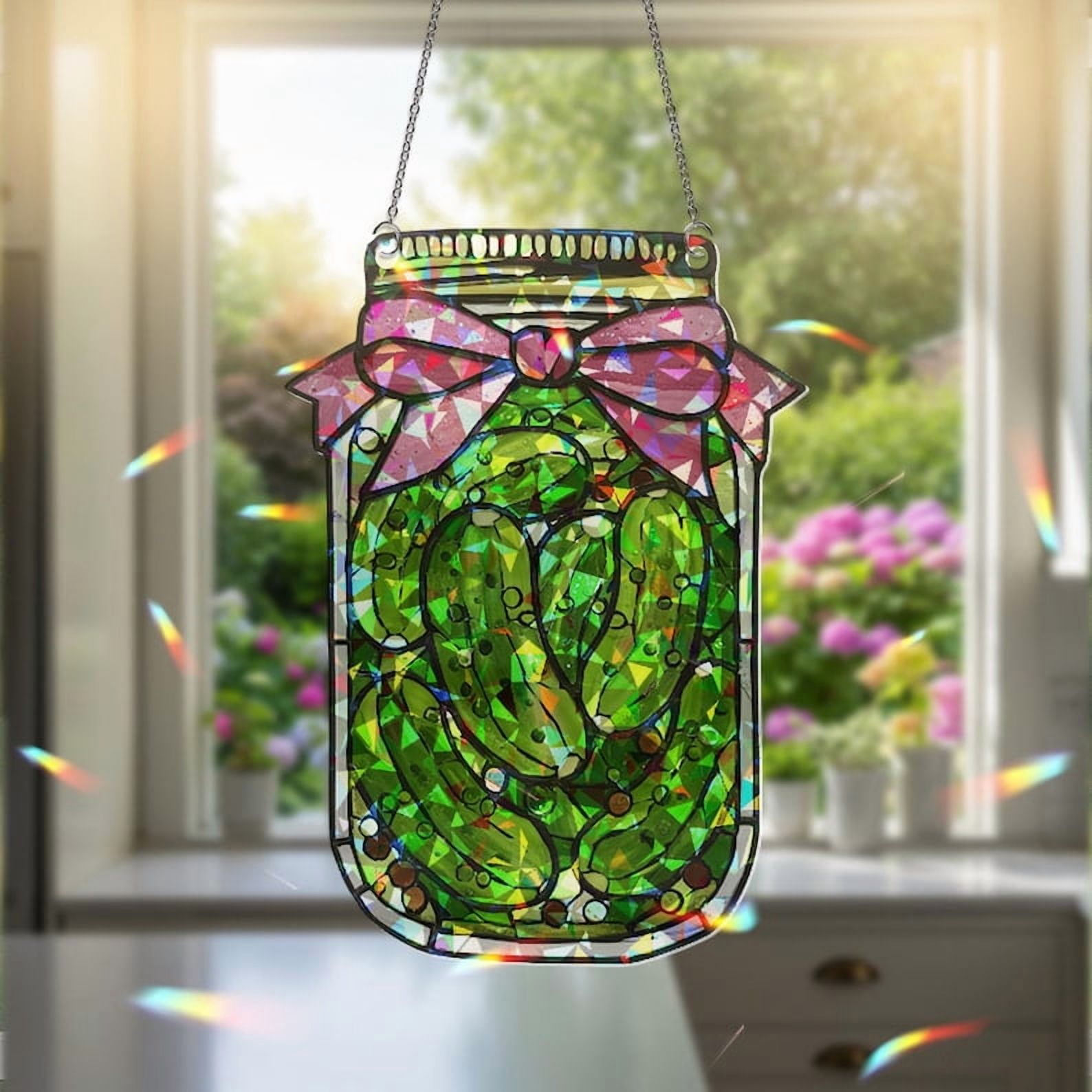 ViciArt Pickle Jar Suncatcher – 4" Holographic Acrylic Kitchen Window Hanging, Cute Pantry Decor