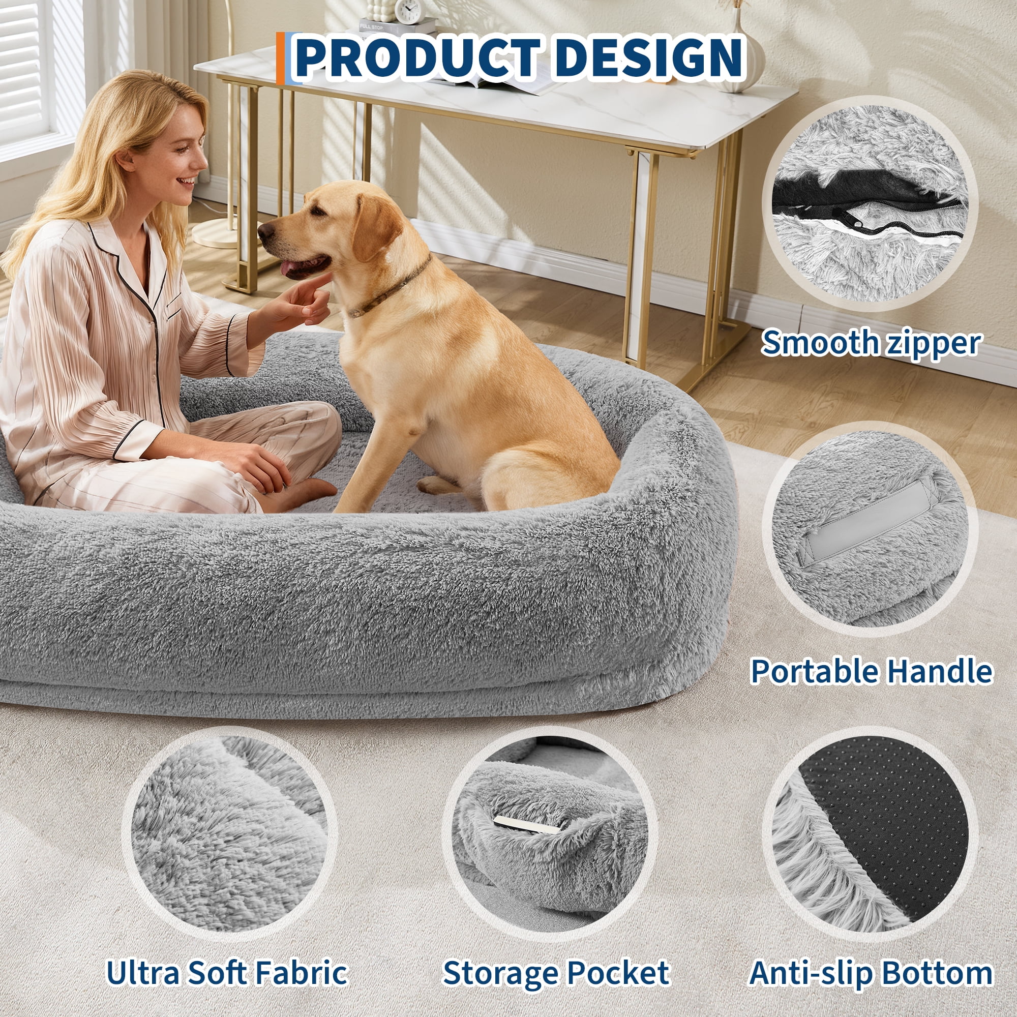 Huisuilinss 67" Human Dog Bed For Adult & Pets,Removable Faux Fur Dog Bed With Pillow,Side Pockets,Egg-Shaped Orthopedic Foam,Human Sized Dog Bed For Living Rooms Bedrooms Offices