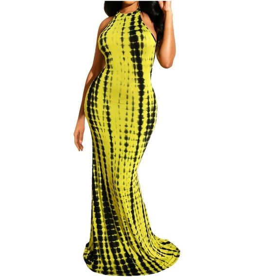 IROINNID Women's Sleeveless Bodycon Dress Round Neckline Tie-dye Ladies Halterneck Button Long Dress Strapless Print Dress