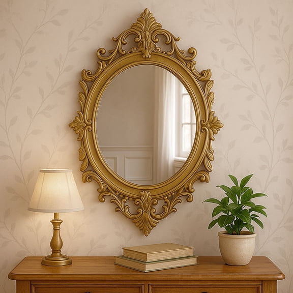 Gold Oval Wall Mirror, 19.2"x 22.4" Vintage Decorative Baroque Hanging Mirrors for Bedroom, Living Room Dresser Decor, Entryway