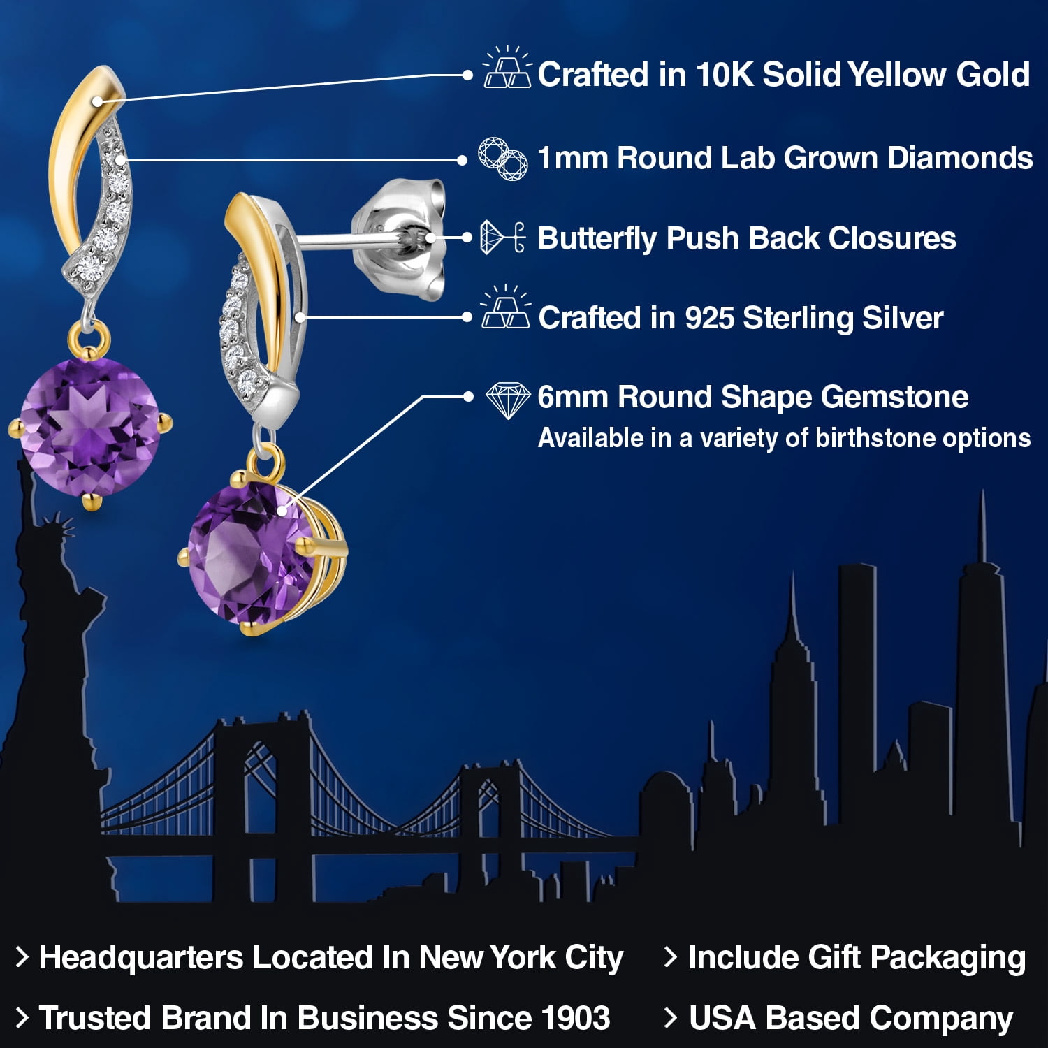 Gem Stone King 925 Silver and 10K Yellow Gold Purple Amethyst and White Lab Grown Diamond Dangle Earrings for Women | 2.05 Cttw | Gemstone February Birthstone | Round 6MM