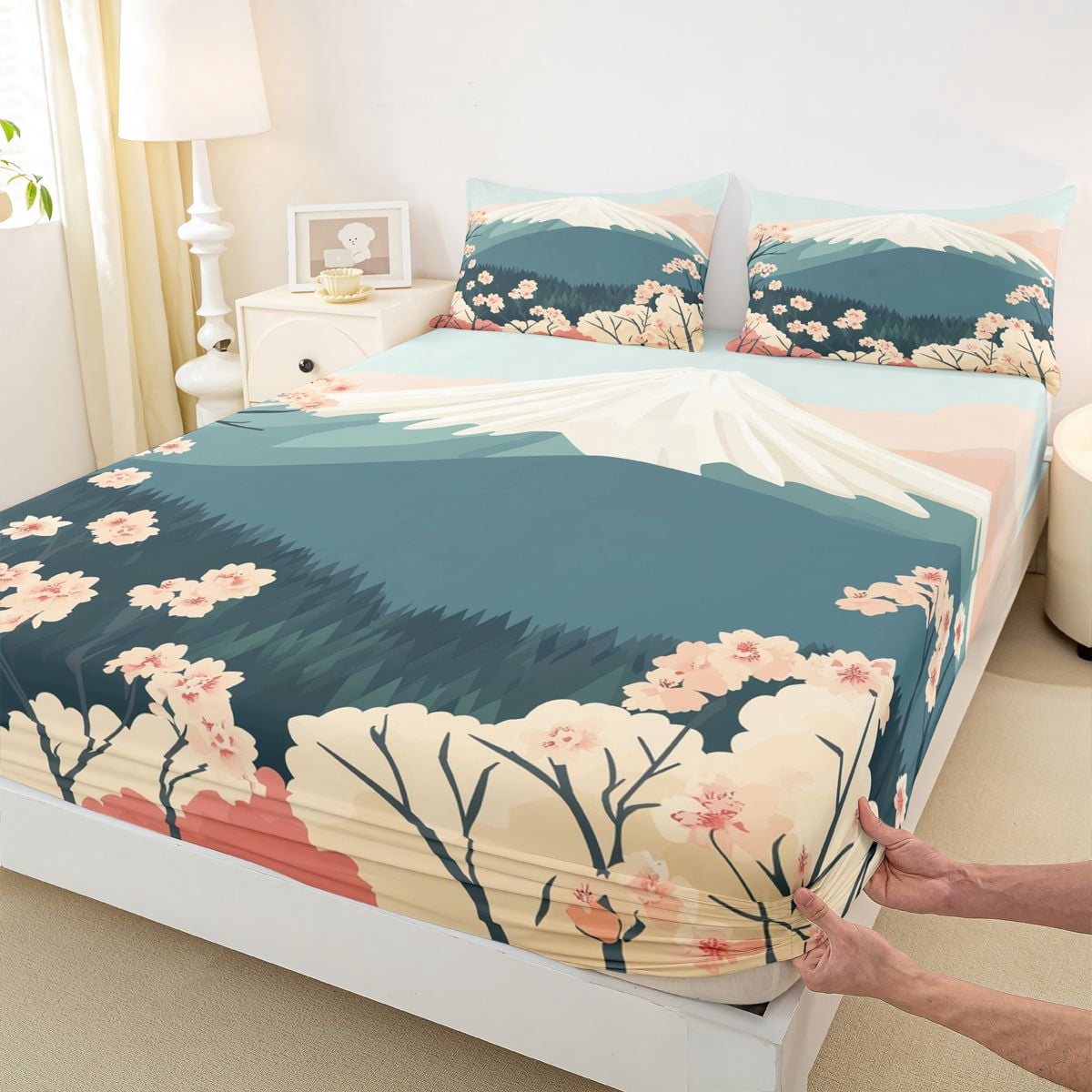 Manfei Flat Fuji Cherry Full Size Sheets for Home, Pastel Nature Bed Sheets for Office, Teal Pink White 4pcs, 1 Flat Sheet, 1 Fitted Sheet and 2 Pillowcases