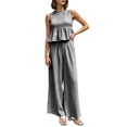 thumbnail image 2 of Karymi Blouses for Women Dressy Casual 2-Piece Gingham Outfit, Sleeveless Round Neck Peplum Top + High Waist Wide Leg Pants with Pockets, Summer Casual Set Workout Tops for Women, 2 of 7