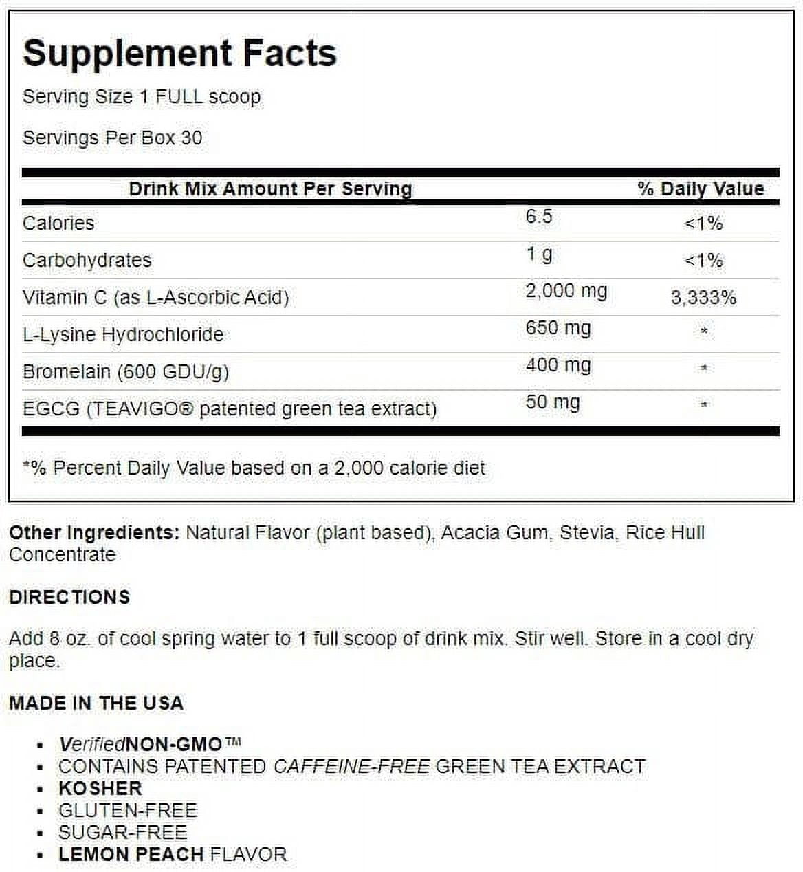 Sufficient-C® High Dose Non-GMO Vitamin C Lemon Peach Immune-Ade Drink Mix, SMALL 125 gram size - Collagen, Thyroid, Adrenal,  Blood Pressure & Cold Sore Support - Stomach Friendly