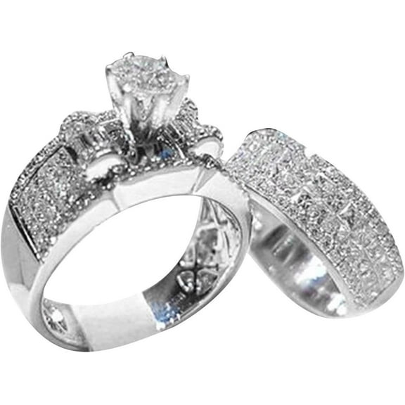 Clearance 2Pcs Women Wedding Engagement Rings CZ Simulated Diamond Ring Set Luxury Fashion Exquisite Jewelry for Her (Silver, 9)10