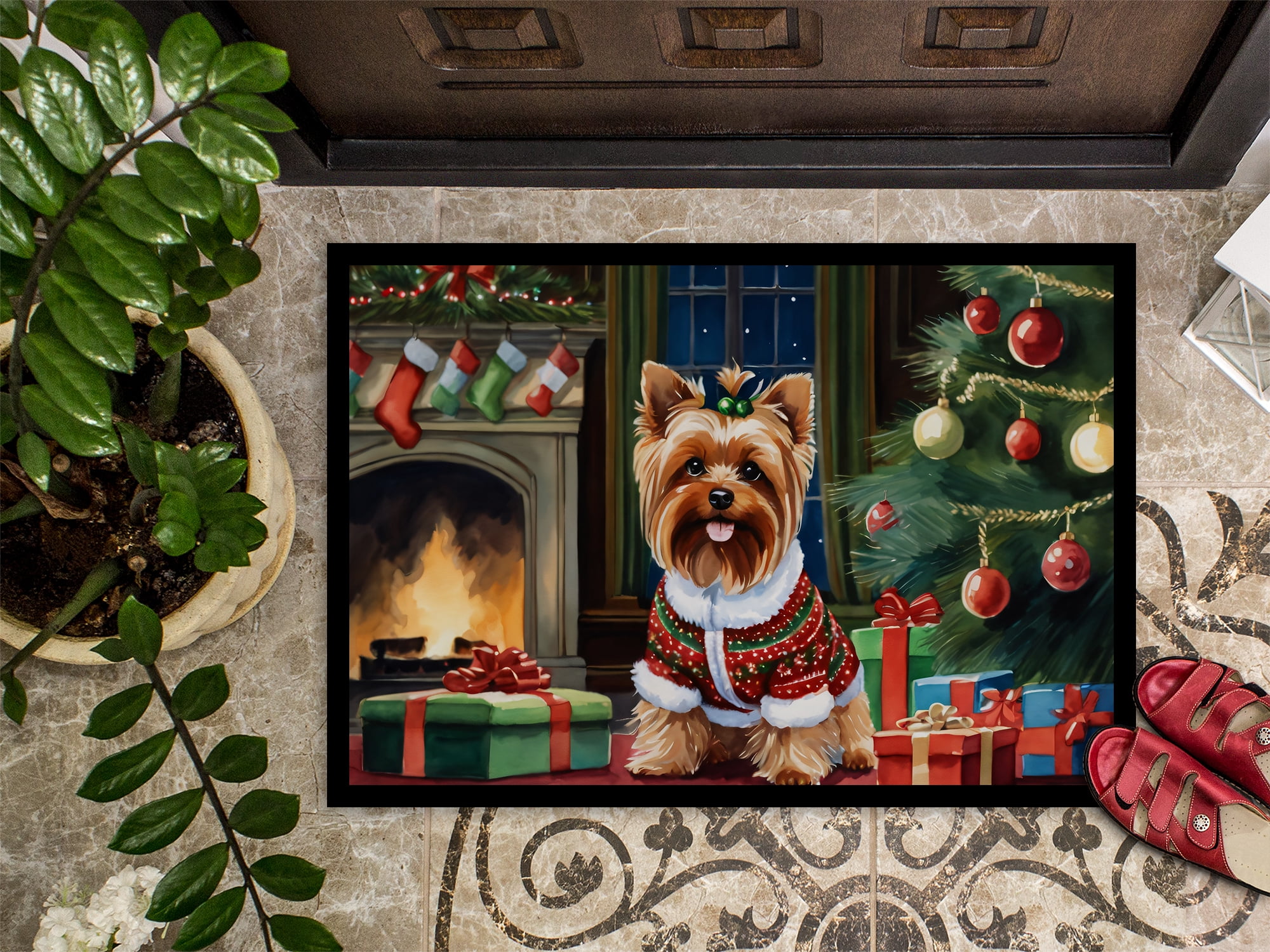Carolines Treasures DAC2769MAT 0.15 x 18 x 27 in. Yorkshire Terrier Cozy Christmas Doormat