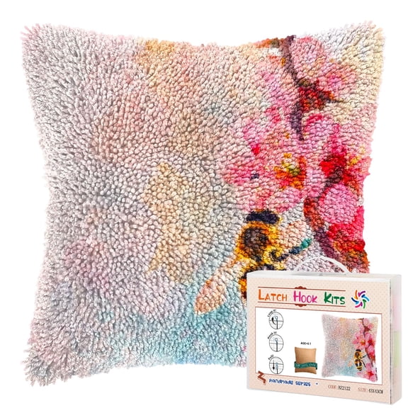 Watercolor Bee and Flower DIY Latch Hook Pillow Kits for Adults Printed Pillowcase Crochet Yarns Hooking Handmade Pillow Cover Cushion for Home Sofa Decoration 17x17inch