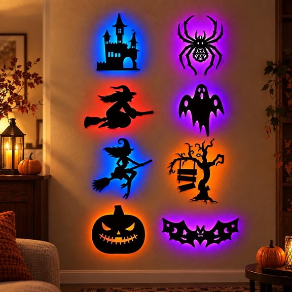 8 Pack Halloween LED Silhouette Wall Light Stickers Powered PET Peel and Stick Decor Lights Color Changing Bat Witch Ghost Pumpkin Spider Castle Tree for Windows Walls Doors Indoor Party Homes
