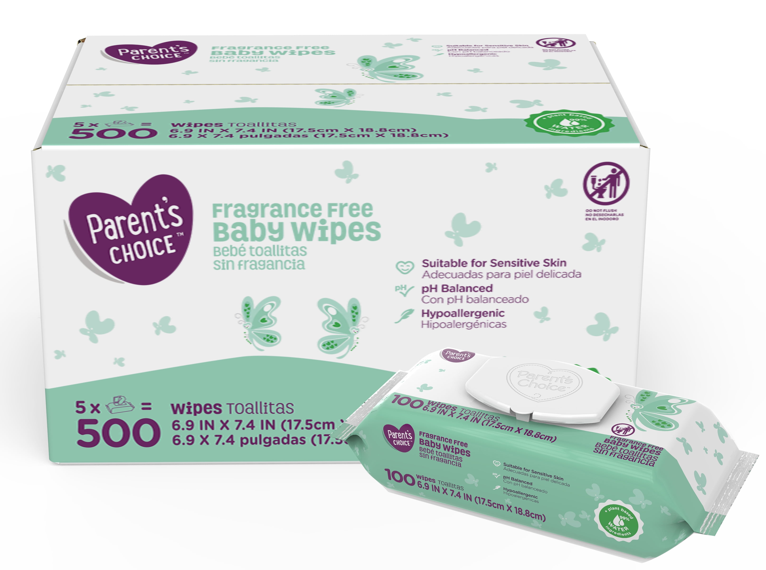 Parent's Choice Fragrance Free Baby Wipes, 5 packs of 100 (500 count)