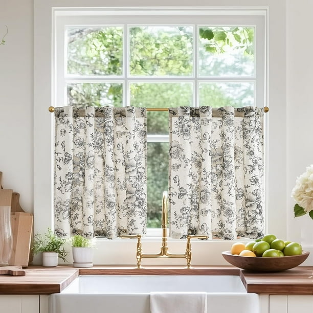 Cortinas Jinchan de Lino con Estampado Floral, 60 cm, Estilo Rústico, 2 Paneles