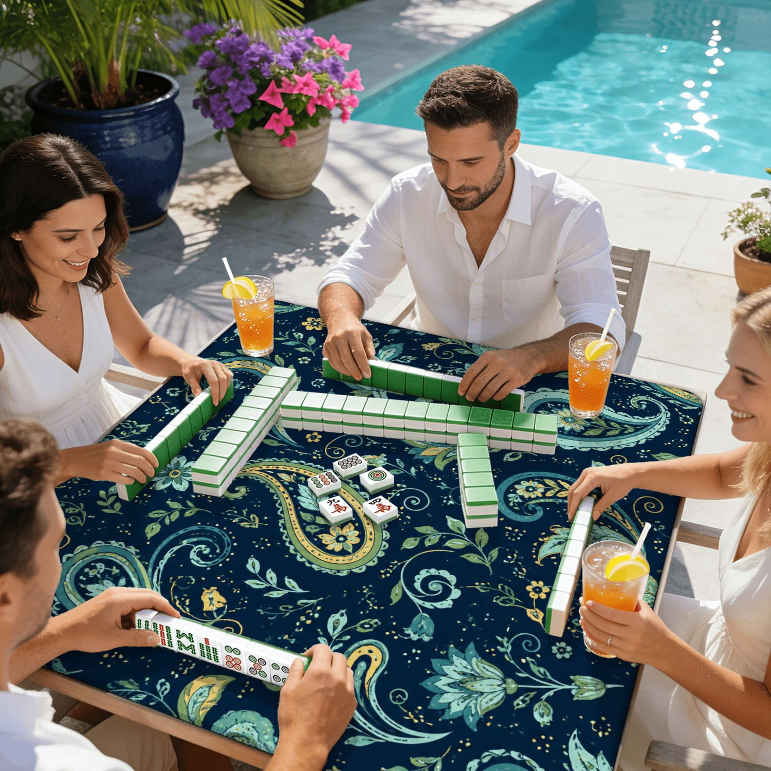 Mahjong Mat 31.5" x 31.5" Floral Paisley Navy Turquoise Vintage Style Non-Slip Noise Reduction American Mahjong Tiles Table Cover for Dominoes Poker Card Board Games Gift