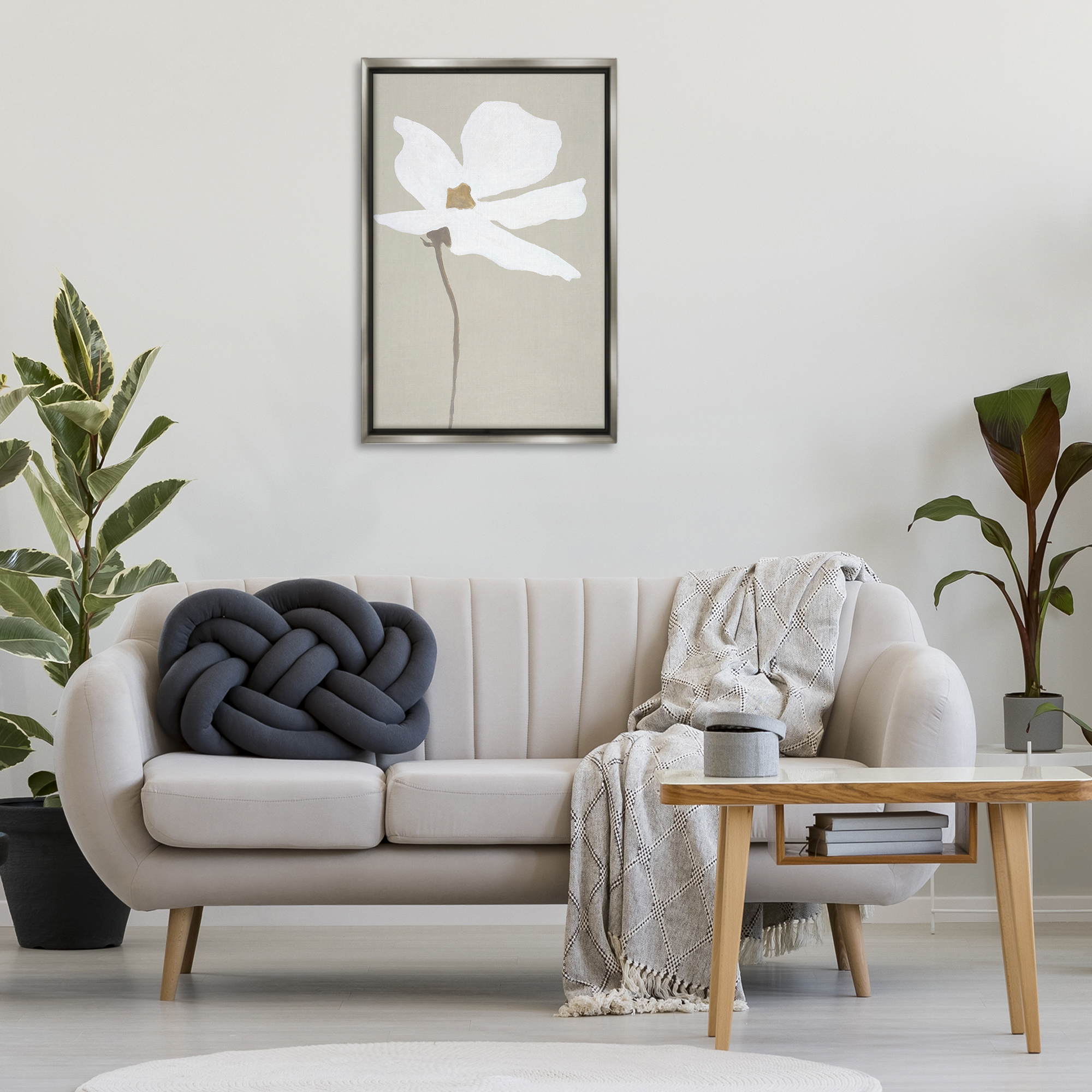 Stupell Industries White Flower Sprout Botanical & Floral Painting Gray Floater Framed Art Print Wall Art, 21 x 31