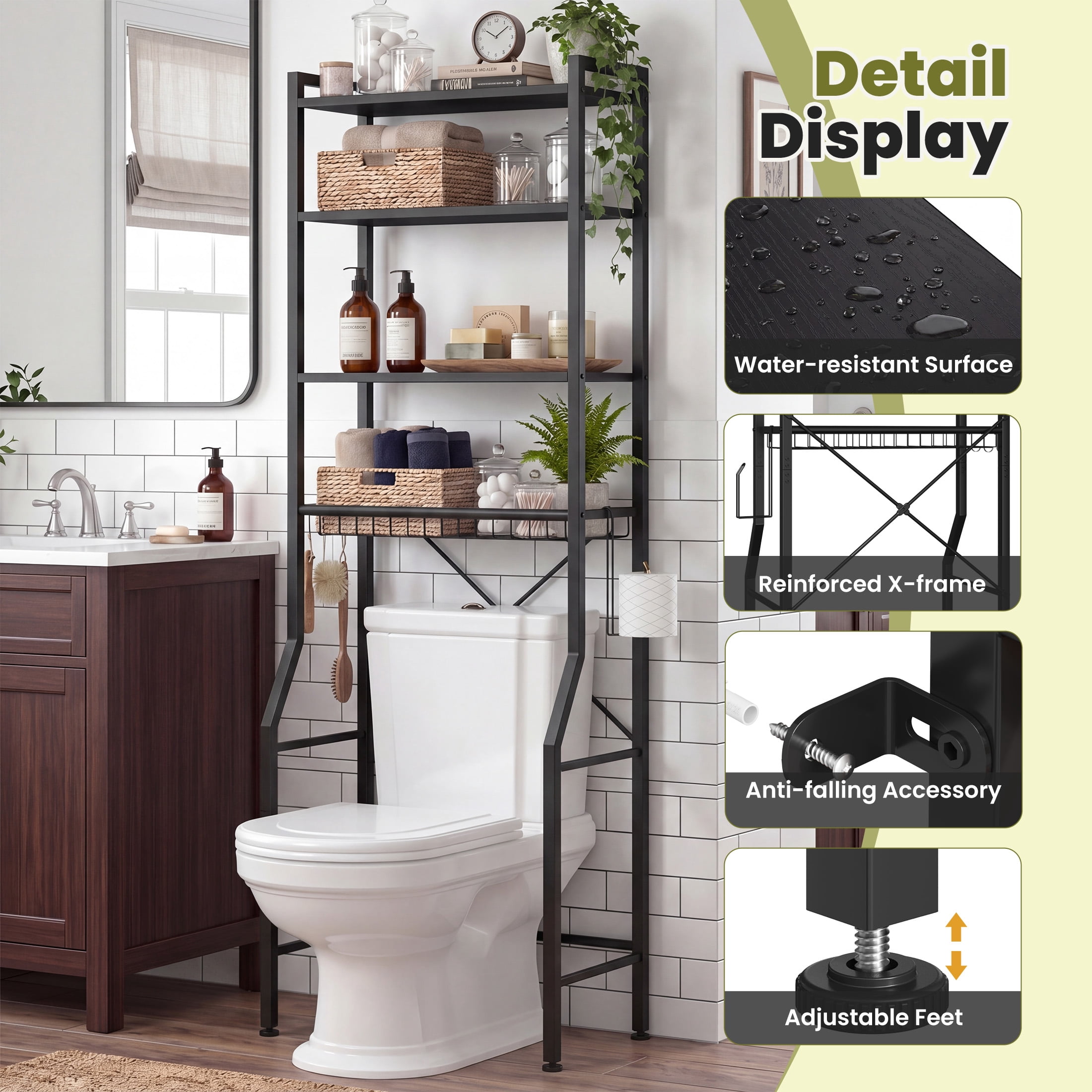 CONCETTA 4-Tier over the Toilet Bathroom Storage Rack, Adjustable Space Saver Organizer with Shelves, Basket & Hooks, Black