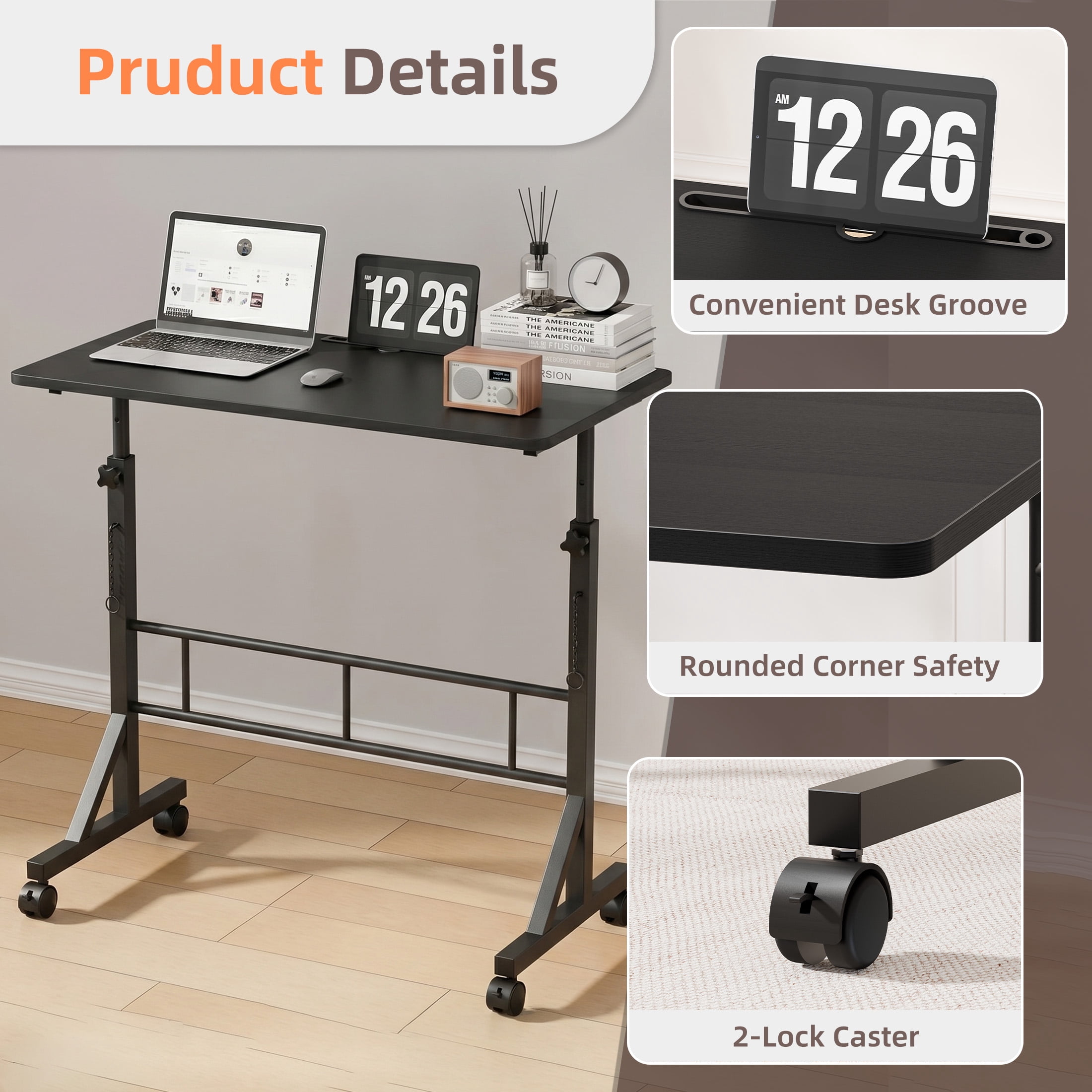 CONCETTA Adjustable Height Mobile Standing Desk with Wheels, 16"x31.5" Small Rolling Computer Desk for Home Office, Black