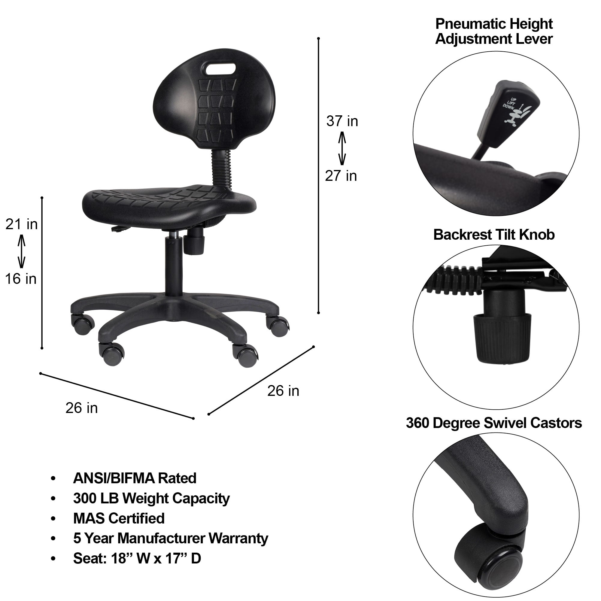 Hampden Furnishings Romulus Collection 16"-21" Rolling Swivel Task Chair, Black