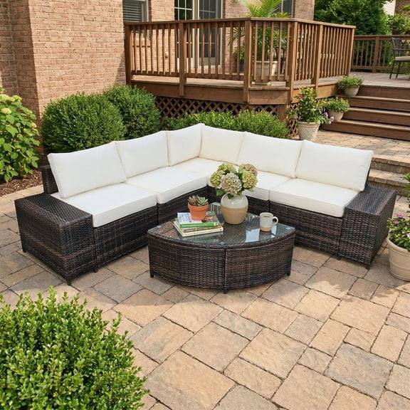 Topcobe 6 Piece Wicker Patio Sectional Sofa Set with Tempered Glass Coffee Table, Outdoor Furniture, White