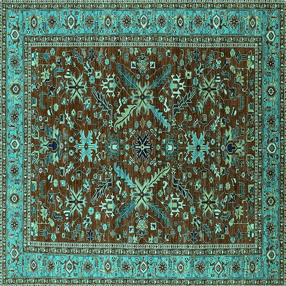 Ahgly Company Machine Washable Indoor Square Oriental Turquoise Blue Industrial Area Rugs, 8' Square