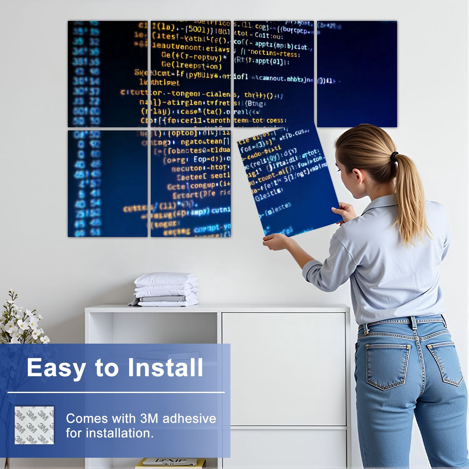 8 Pack Art Acoustic Panels Sound Absorbing Programming code computer Python binary code Software Decorative Soundproof Wall Panels Self Adhesive for Nursery Game Room Bedroom 48"x32"