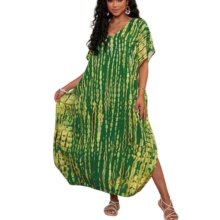 Kaftan Dress for Women,Plus Size Hawaiian Batwing Sleeve Beach Cover Up Summer Swimsuit Dresses Dark Green One Size