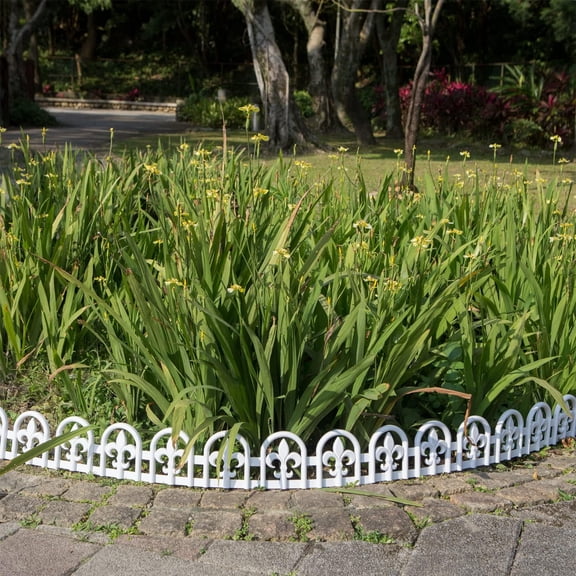 White Garden Border Plastic Edging: Wrought Iron Design - 27pcs White Yard Landscaping Fence Liner Lawn Edge Barrier - 35ft Kit of Decorative Lawn Landscape Panels Elements