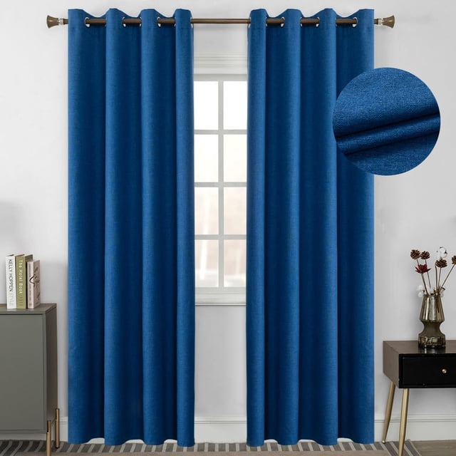 Lino Cortinas Blackout con Aislamiento Térmico, 100% Blackout y Ojal Superior Cortina para Recámara y Ventana de Sala, Capa Trasera de Revestimiento Gris, 2 Paneles, 132 x 213.3 cm, Azul