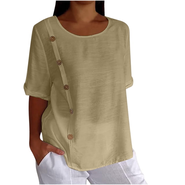 Timegard Hauts en Coton et Lin pour Femmes Été Manches Mi-Longues Col Rond Bouton Chemises Décontractées Amples Blouse