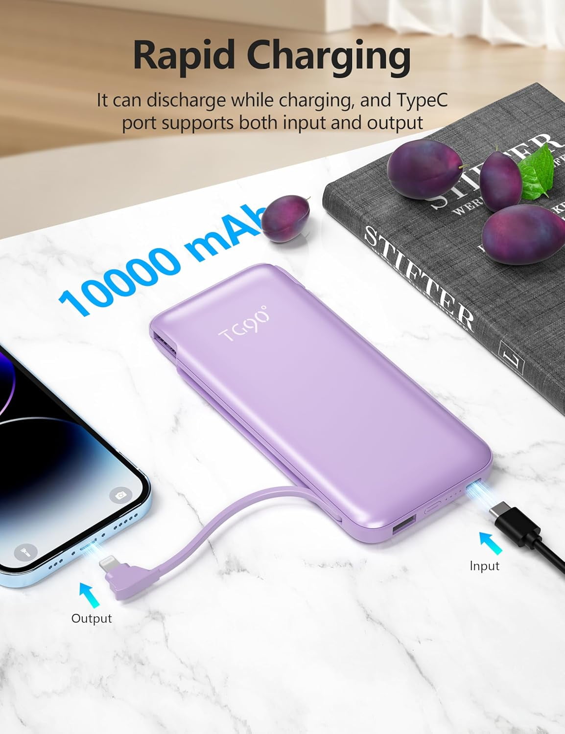Portable Charger Power Bank with Built in Cable and AC Wall Plug, 10000mAh Fast USB C Phone Charger, Slim Thin Mini Charging Battery Pack Compatible with Smartphones and All USB-C Devices.