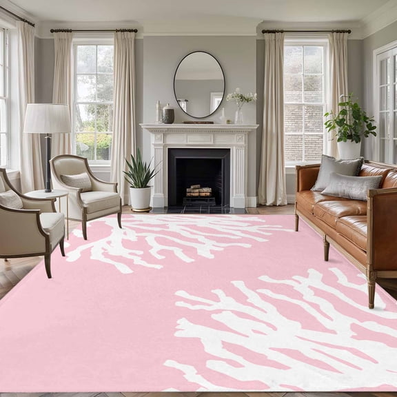 Area Rug for Living Room, Coral Pink Non-Slip Indoor Large Carpet for Bedroom/Dining Room, Coastal White Ocean Marine Nautical Beach Washable Low-Profile Rectangle Floor Runner Rugs - 5 x 7 Ft