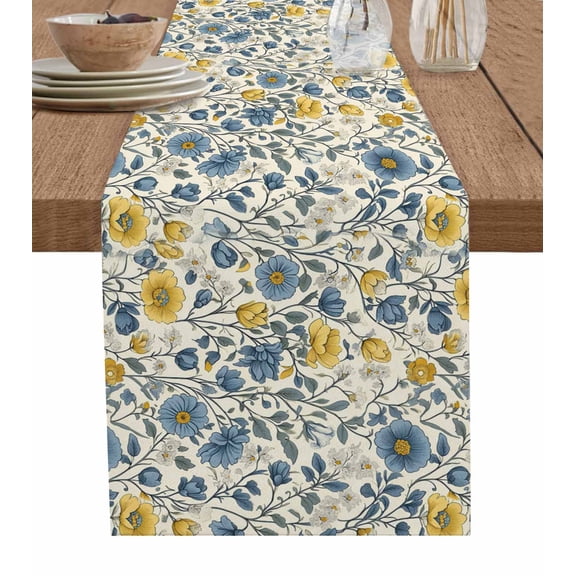 Watercolor Wildflowers Table Runner 70 Inches, Blue Yellow Spring Floral Bed Runner Dresser Scarves Tabletop for Indoor Outdoor Parties/Ceremony/Banquet, 13" x 70"