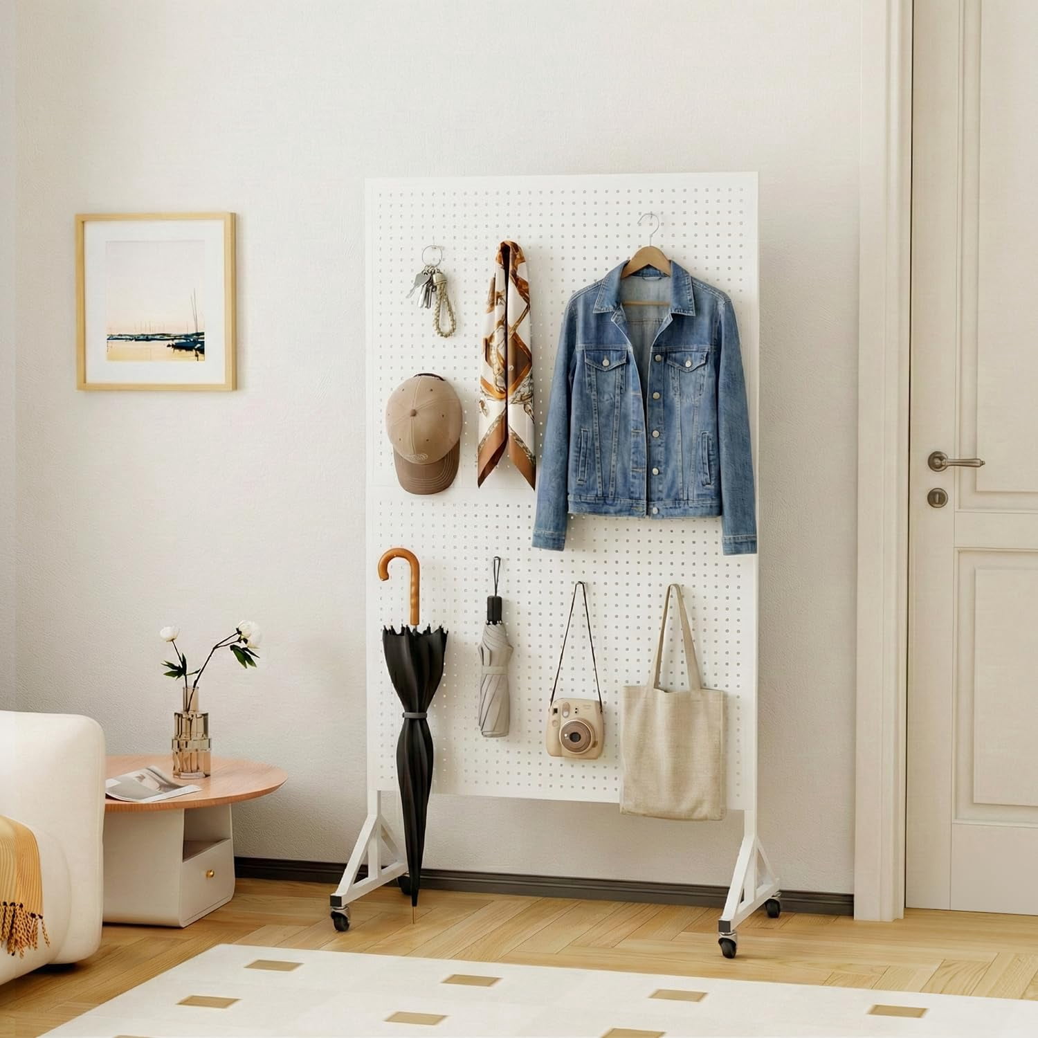 HAIDAIYA Metal Pegboard Display Stand, 3.5' x 5.5' Large Standing Peg Board Panel with 40 Hooks and Wheels, Adjustable Height, Pegboards for Office, Garage, Vendor, Retail Display Rack(White)